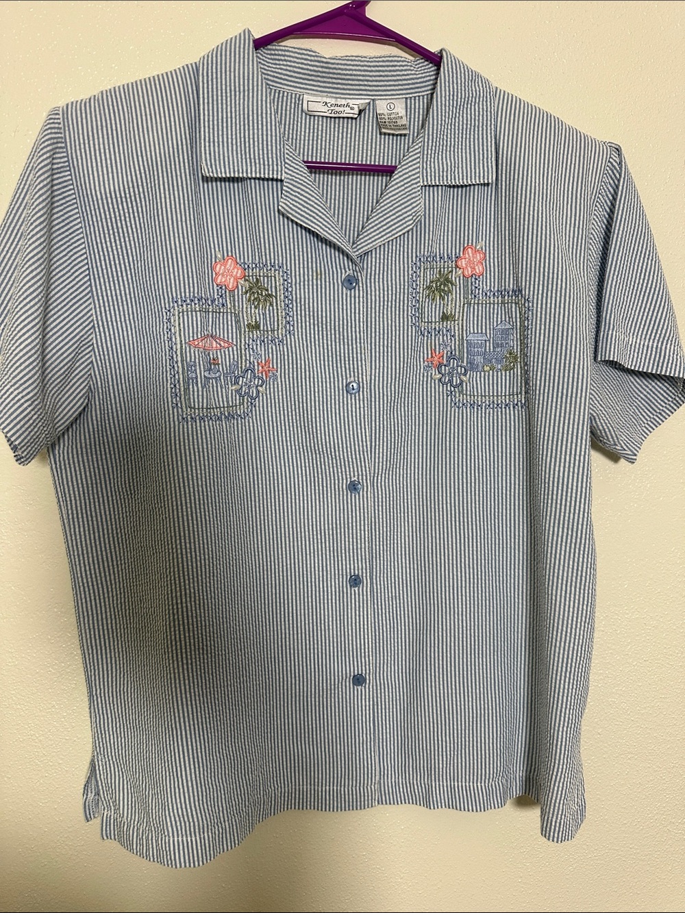 Casual Blue Striped Embroidered Womens Shirt